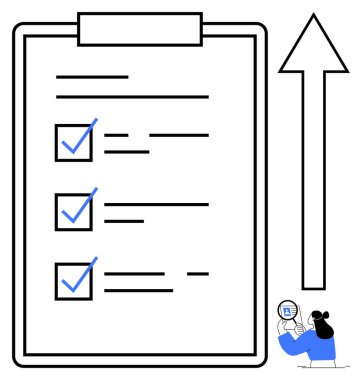 İlerleme konsepti. Tamamlanmış görevleri ve yukarı doğru ok ilerlemesi, verimlilik ve hedef başarısı olan bir kontrol listesi. İş, planlama, başarı stratejisi ve proje yönetimi için mükemmel