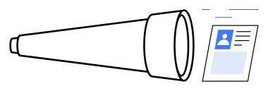 Dijital tanımlama görselleştirme. Profil kartında kullanıcı kimliği arayan bir teleskop sembolü. Kimlik doğrulaması, siber güvenlik, ağ oluşturma, doğrulama, veritabanı