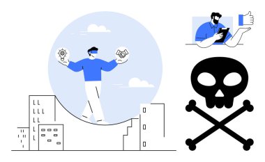 Risk yönetimi, etik seçimler, dijital güvenlik, denge, yenilik, toplumsal farkındalık. Şehir manzarası ve sembolik güvenlik ve tehlike grafikleri üzerindeki fikirleri dengeleyen bir adam. Risk yönetimi