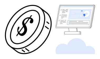 Dijital finans, bulut hesaplama, online bankacılık, veri analizleri, fintech, teknoloji çözümleri. Bir dolar bozuk para, haritalı bir bilgisayar ekranı ve bir bulut. Dijital finans ve bulut hesaplama kavramı