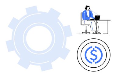 Üretkenlik kavramı. Üretkenlik bir dişli ikonu, dizüstü bilgisayarda çalışan profesyonel bir kadın ve iş ve finansal başarıyı bağlayan bir dolar işareti ile resmedilmiş. İş için, teknoloji.
