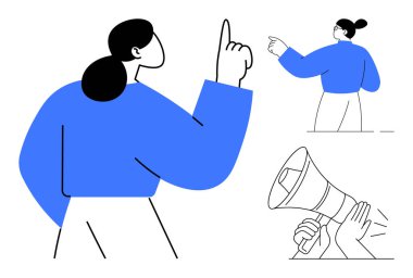 Liderlik, topluluk önünde konuşma, iletişim, takım çalışması, duyurular, tartışmalar. Yukarıya bakan bir kişi, başka bir el hareketi ve kullanımda bir megafon. Liderlik ve topluluk önünde konuşma kavramı