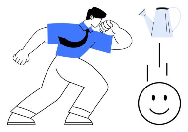 Büyüme konsepti. Bir insanın iyonu, sulama tenekesi, ve gülümseyen yüz yaratıcılığı ve gelişimi. Üretkenlik ve gelişim için ilham kaynağı olarak büyüme. Yenilik, başarı, eğitim, motivasyon için ideal