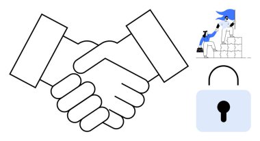 İş anlaşmaları, takım çalışması, veri gizliliği, güven, işbirliği koruması. El sıkışma ve kilit ikonu. İş anlaşmaları ve veri gizliliği kavramı. Çizgi benzetmesi. Basit satır simgeleri