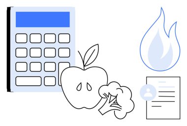 Besin takibi, kalori hesap makinesi, diyet planlaması, sağlık yönetimi, sağlık verileri, metabolizma. Elma, brokoli, hesap makinesi alev ve sağlık belgesi grafikleri. Beslenme izleme ve kalori