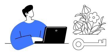 Üretkenlik, problem çözme, yaratıcılık, yenilik, büyüme, güvenlik. Çiçek ve anahtar sembollerin yanında dizüstü bilgisayar kullanan bir birey. Dijital ve kişisel verimlilik ve yaratıcılık kavramları