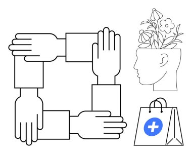 Birbirine bağlı eller takım çalışmasını sembolize eder, çiçek açan bir kafa akıl sağlığını temsil eder, ve tıbbi haç ikonu olan bir çanta kişisel bakım önerir. Sağlık, toplum ve sağlık için ideal