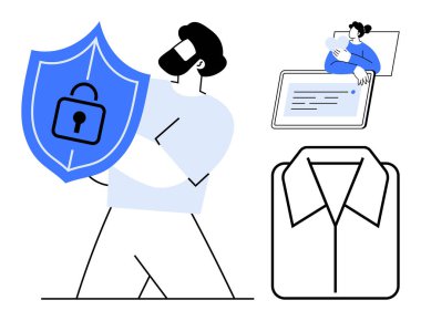 Siber güvenlik kavramı. Veri koruması, güvenli çevrimiçi etkileşim ve kimlik doğrulama sembolleri için kalkan tutan bir adamla siber güvenlik. Teknoloji, mahremiyet, güvenlik, dijital güvenlik için uygulanabilir