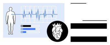 İnsan figürü, kalp atışı grafiği, kalp diyagramı, veri çubukları. Sağlık hizmetleri, kardiyoloji, tıbbi teknisyen, modern analitikleri izleyen hasta teşhis takibi için ideal. Basit düz metafor
