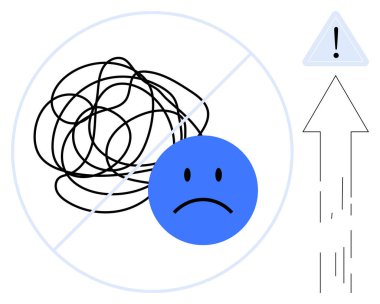 Problem çözme, duygusal sağlık, verimlilik, kişisel gelişim, karar verme, olumsuzluğun üstesinden gelme. Üzgün bir yüz, dağınık çizgiler ve yukarı doğru bir ok. Duygusal Sağlık
