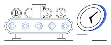 Finansal işlemler, zaman yönetimi, kripto para, yatırım, otomasyon, ekonomi. Şifreli taşıma bandı, bozuk paralar, saat çizimi. Finansal işlemler ve zaman