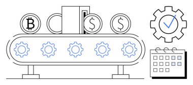 Şifreli para ve dolar bozukluklarıyla taşıma bandı, süreci sembolize eden dişliler. Takvim ve görev işaretini içerir. Fintech, teknoloji, otomasyon, verimlilik, planlama, iş akışı için ideal