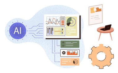 Grafikli dijital gösterge paneli, yapay zeka amblemi, devreler, teçhizat ve çalışma alanı. Otomasyon için ideal, yenilik, teknoloji, makine öğrenme veri analizi araştırma eğitimi için basit düz metafor