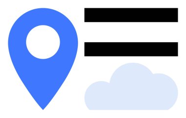 Mavi lokasyon iğnesi, ışık bulutu silueti ve yatay siyah çizgiler basit bir düz metaforla navigasyonu, iletişimi, bağlantıyı, ulaşılabilirliği, teknolojiyi, haritayı ve planlamayı sembolize eder.