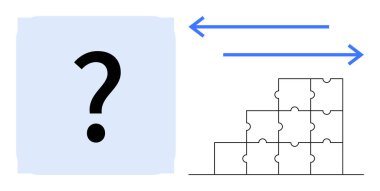 Sorun çözme. Soru işareti, bulmaca parçalarının ve yönsel okların yanı sıra zorluklar ve çözümler. Sorun çözme, yenilik, takım çalışması ve stratejik düşünme. Eğitim ve takım çalışması için ideal