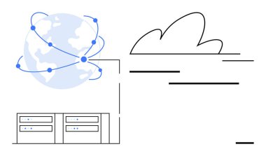 Bulut hesaplama, küresel ağ, veri entegrasyonu, dijital altyapı, teknoloji ilerlemesi, bağlantı. Sunucular, dünya ve bulut ana hatları birbirine bağlı. Bulut hesaplama ve küresel