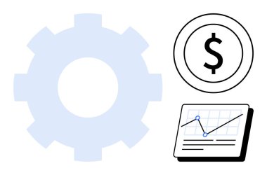 İşlem için vites, para için dolar işareti, büyüme için grafik. Finans, operasyon, strateji, iş geliştirme, teknoloji planlama iş akışı için idealdir. Basit düz metafor