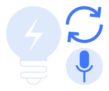 Yenilik, ses tanıma, enerji çözümleri, yenilenebilir kaynaklar, ses teknolojisi, yaratıcılık. Ampul fikirleri, oklar ses teknolojisi için mikrofon işlemini gösteriyor. Yenilik ve ses