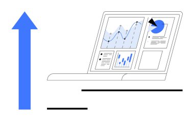 İş büyümesi, veri analizi, mali eğilimler, piyasa tahmini, istatistik, üretkenlik araçları. Dizüstü bilgisayarda grafikler ve grafikler yukarı bakan bir ok ile. İş büyümesi ve veri analizi
