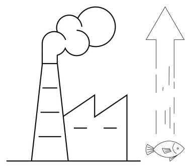 Çevresel sorunlar, hava kirliliği, endüstriyel emisyonlar, iklim değişikliği, ekolojik hasar, sürdürülebilirlik. Fabrika yukarı ok ve balıkla duman yayıyor. Hava kirliliği ve ekolojik hasar