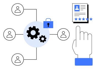 Bir dişli ağı, güvenlik kilidi sembolü ve dijital derecelendirme sistemiyle birbirine bağlı kullanıcı profilleri. Yönetim, kullanıcı kimlik denetimi, siber güvenlik, iş akışı süreçleri, teknoloji, HR sistemleri için ideal