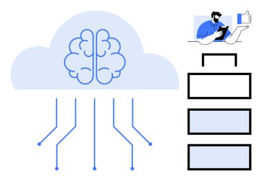 Yapay zeka, bulut depolama, veri yönetimi, teknoloji, dijital dönüşüm, bağlantı. Bulut ve veri yapısına bağlı beyin çizimi. Al ve bulut depolama kavramı