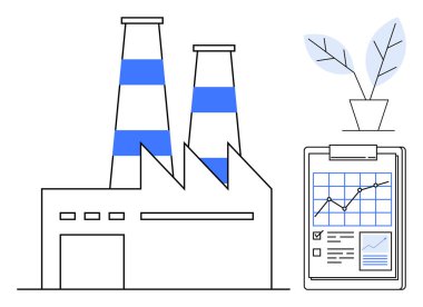 Sanayi üretimi, veri analizi, iş büyümesi, sürdürülebilirlik, fabrika yönetimi, çevre ekonomisi. Tütsülü fabrika, grafikli pano. Veri analizi