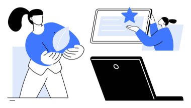 Sürdürülebilirlik, takım çalışması, eğitim, dijital yenilik, yaratıcılık, profesyonel büyüme. Elinde yaprak, tablet ve dizüstü bilgisayar tutan resimli kişi. Dijital yenilikte sürdürülebilirlik ve takım çalışması