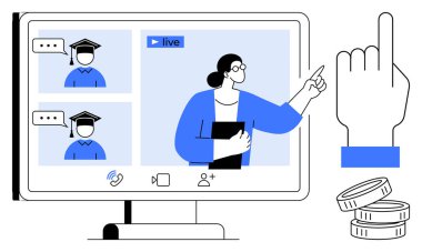 E-öğrenme, sanal eğitim, öğretmen-öğrenci etkileşimi, harç ödemesi, çevrimiçi kurslar, uzaktan öğrenme. Öğretmen ve öğrencilerin ekranda gösterildiği dijital sınıf. E-öğrenme