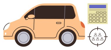 Hesap makineli turuncu araba ve hedef kitlesi. Otomotiv, finans, pazarlama, ulaşım, teknoloji, izleyici segmentasyonu, stratejik planlama için ideal. Basit düz metafor