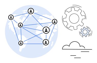 İnternet bağlantısı, takım çalışması, küresel işbirliği, veri paylaşımı, teknoloji, sistem entegrasyonu. Vites ve bulut simgeleriyle bir dünya haritası üzerinde birbirine bağlı insanlar. İnternet bağlantısı