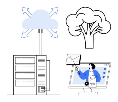 Bulut hesaplama. Bulut hesaplama, buluta bağlanan veri sunucusu, ekrandaki sanal sunum ve bir ağaç sürdürülebilirliği ile gösterilmiştir. Teknoloji, eğitim, uzak çalışma, çevre için