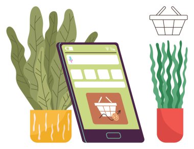 Saksıda yeşil bitkiler olan bir alışveriş sepeti uygulamasını gösteren akıllı telefon ekranı. E-ticaret, eko-bilinç, teknoloji, çevrimiçi alışveriş, minimalizm, yenilik, basit düz metafor