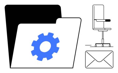 Dijital depolama, iş akışı yönetimi, ofis organizasyonu, e-posta iletişimi, iş sistemleri, iş yeri gereksinimleri. Dişli ikonu, ofis sandalyesi ve zarf elementleri olan bir klasör. Çalışma Akışı