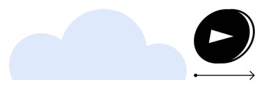 Bulut depolama, medya akışı, dijital erişim, çevrimiçi teknoloji, veri paylaşımı, dosya aktarımları. Oynatma düğmesi ve okla bulut şeklinde. Bulut depolama ve ortam akışı kavramları