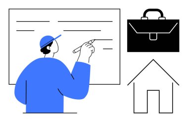 İş stratejisi, iş hayatı dengesi, kariyer planlaması, uzaktan çalışma, ev ofisi, eğitim. Gemide, evde ve çantada yazan adam. İş stratejisi ve iş hayatı dengesi kavramları