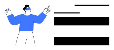 İnteraktif yüzen içerik bloklarına işaret ederken VR kulaklık takan bir birey. Teknoloji, yenilik, sanal gerçeklik, dijital deneyimler, gelecek tasarım, kullanıcı etkileşimi için ideal