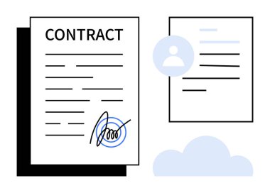 İş anlaşmaları, dijital imza, belge yönetimi, bulut deposu, uzaktan işbirliği, yasal sözleşmeler. İmzalı bir sözleşme, kullanıcı profili ve bulut sembolü. İş anlaşmaları ve dijital