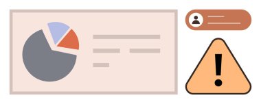 Metin verileri, kullanıcı profili bildirimi ve uyarı uyarısının yanında turta grafiği. Analiz, güvenlik, kullanıcı verisi, risk yönetimi, sistem alarmı, veri izlemesi için ideal basit düz metafor