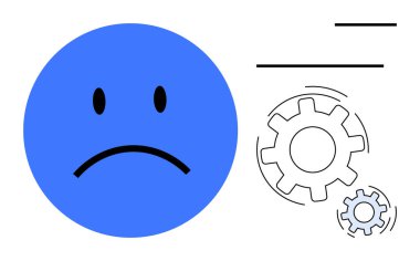 Duygular, problem çözme, akıl sağlığı, verimlilik, sistem düşünme, insan-makine etkileşimi. Mekanik vites ve çizgilerin yanında mavi üzgün surat. Duygular ve problem çözme kavramları