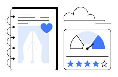 Geri bildirim konsepti. Derecelendirme sistemi, dua el grafikleri ve bulut depolama ikonu üzerinden geri bildirim. Dijital platformlarda ve değerlendirme sistemlerinde geri besleme işlemi. Uygulamalar, markalaşma ve UX için kullanışlı