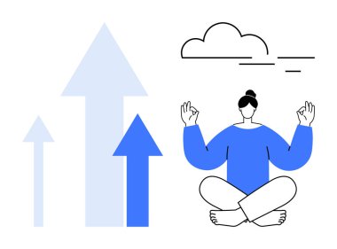 Akıl sağlığı, kişisel gelişim, meditasyon, farkındalık, kendini geliştirme, başarı. Yukarıya doğru ok ve bulutla meditasyon yapan biri. Ruh sağlığı ve kişisel büyüme