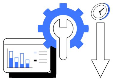 İş akışı optimizasyonu, iş verimliliği, zaman yönetimi, veri analizi, bakım planlaması, kaynak tahsisi. İngiliz anahtarlı vites, aşağı ok çizelgeli saat. Çalışma akışı optimizasyonu