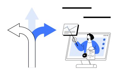 Karar verme. Yön okları ve ekranda veri sunan bir kişiyi birleştirmeyi düşünün. karar verme, yönler, çevrimiçi öğrenme, veri analizleri ve sanal rehberlik