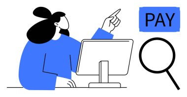 Bilgisayarla uğraşan, ödeme seçeneğini vurgulayan ve bardağı büyüten bir kadın. Finans, e-ticaret, çevrimiçi işlemler, ödeme çözümleri, araştırma, kullanıcı deneyimi dijital araçları için idealdir. Basit.