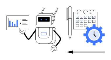 Otomasyon konsepti. Verileri analiz eden ve görevleri etkili bir şekilde yöneten robotlarla otomasyon. Otomasyon programlama, iş akışı ve verimlilik süreçlerini düzene sokuyor. Yapay zeka, lojistik ve teknoloji için.