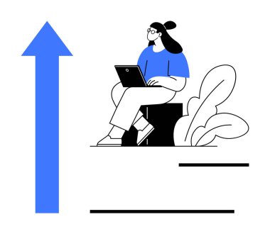Büyüme konsepti. Yükselen büyük bir okun yanında dizüstü bilgisayar kullanan bir kadın. Kişisel gelişim, mesleki ilerleme ya da iş fırsatlarında büyüme. Eğitim ve teknoloji için ideal