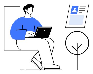 Uzaktan çalışma konsepti. Bireylerin görev ve profillerini dijital olarak yönetmesini içeren uzak bir çalışma. Uzaktan çalışma esnekliği ve online istihdam olanaklarını destekler. Serbest çalışmak için, dijital