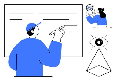 Veri görselleştirme kavramı. Bir beyaz tahtadaki bilgiyi analiz eden karakterler vasıtasıyla iletilen veri görselleştirme. Veri görselleştirme eğitimi, analizi, yaratıcılığı ve yeniliği birbirine bağlar