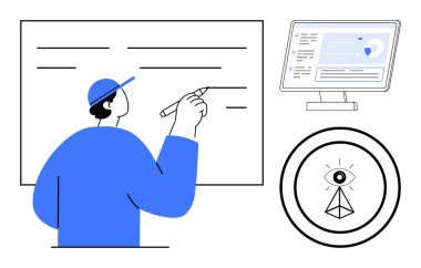 Veri gizliliği, siber güvenlik, analitik, teknoloji, eğitim, görsel tasarım. Tahtaya yazı yazan kişi, bilgisayar ekranında gözüyle veri piramidini gösteren kişi. Veri gizliliği ve siber güvenlik kavramı